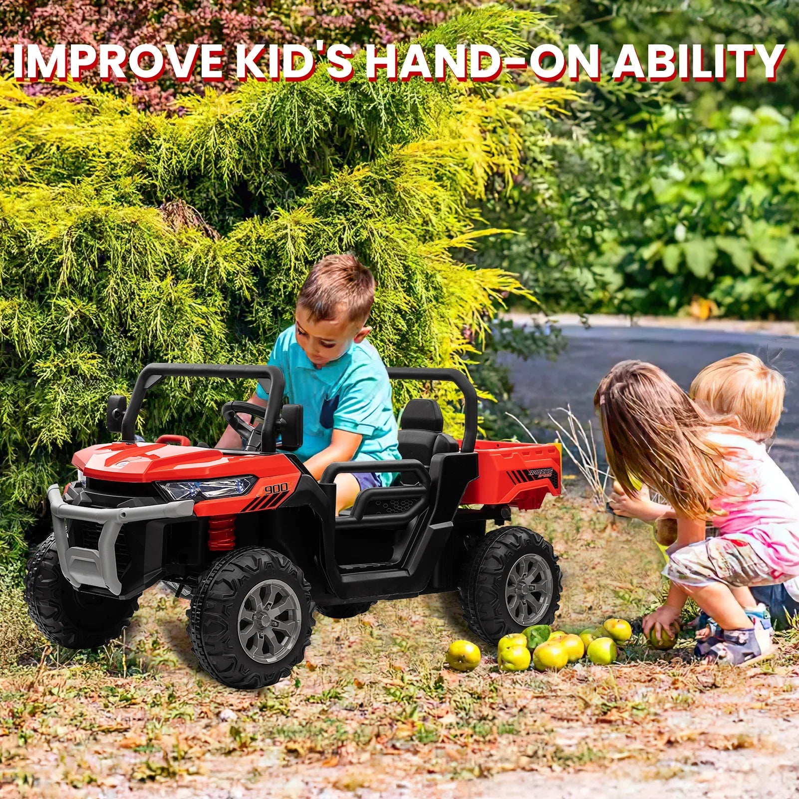 24 Volt Ride on Toys, 4WD Ride on Dump Truck for Kids, 2 Seater Ride on Car with Remote, Electric Power Car Wheels Toys with Trailer & Shovel, Mp3/Bluetooth Music, Red