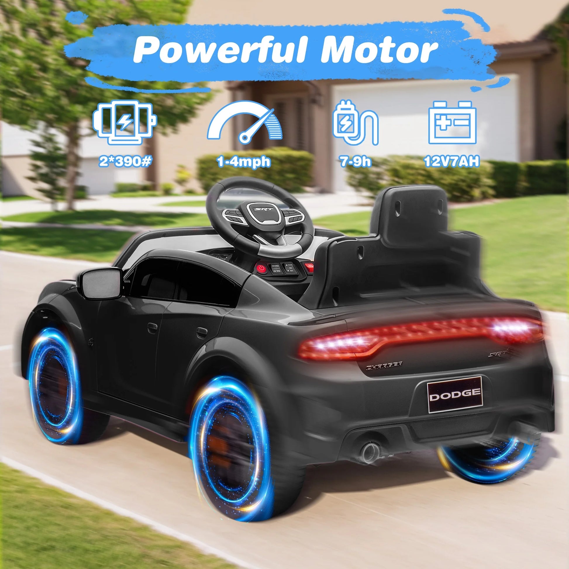 Dodge Licensed 12V Electric Ride-On Car for Kids - Charger SRT Hellcat with Parental Remote Control, Music Player, LED Lights, and Safety Belt, Black