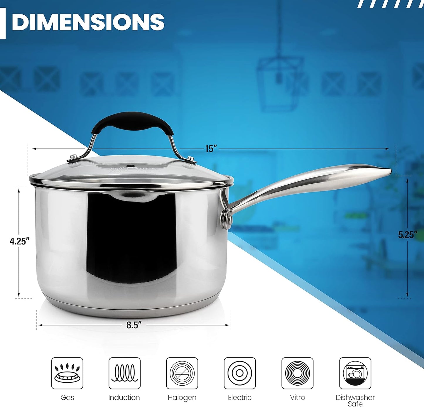 Stainless Steel Saucepan with Glass Strainer Lid, Two Side Spouts for Easy Pour with Ergonomic Handle, Multipurpose Sauce Pot (5-Ply Capsule Bottom, 3.5 Quart)
