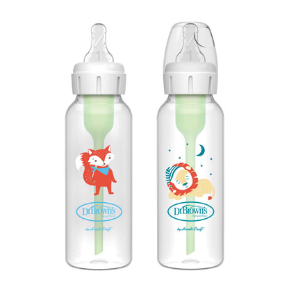 Natural Flow Anti-Colic Options+ Narrow Baby Bottle, Fox & Lion Design, 8 oz (250 ml), Level 1 Slow Flow Nipple, BPA-Free, Suitable for Newborns, Set of 2