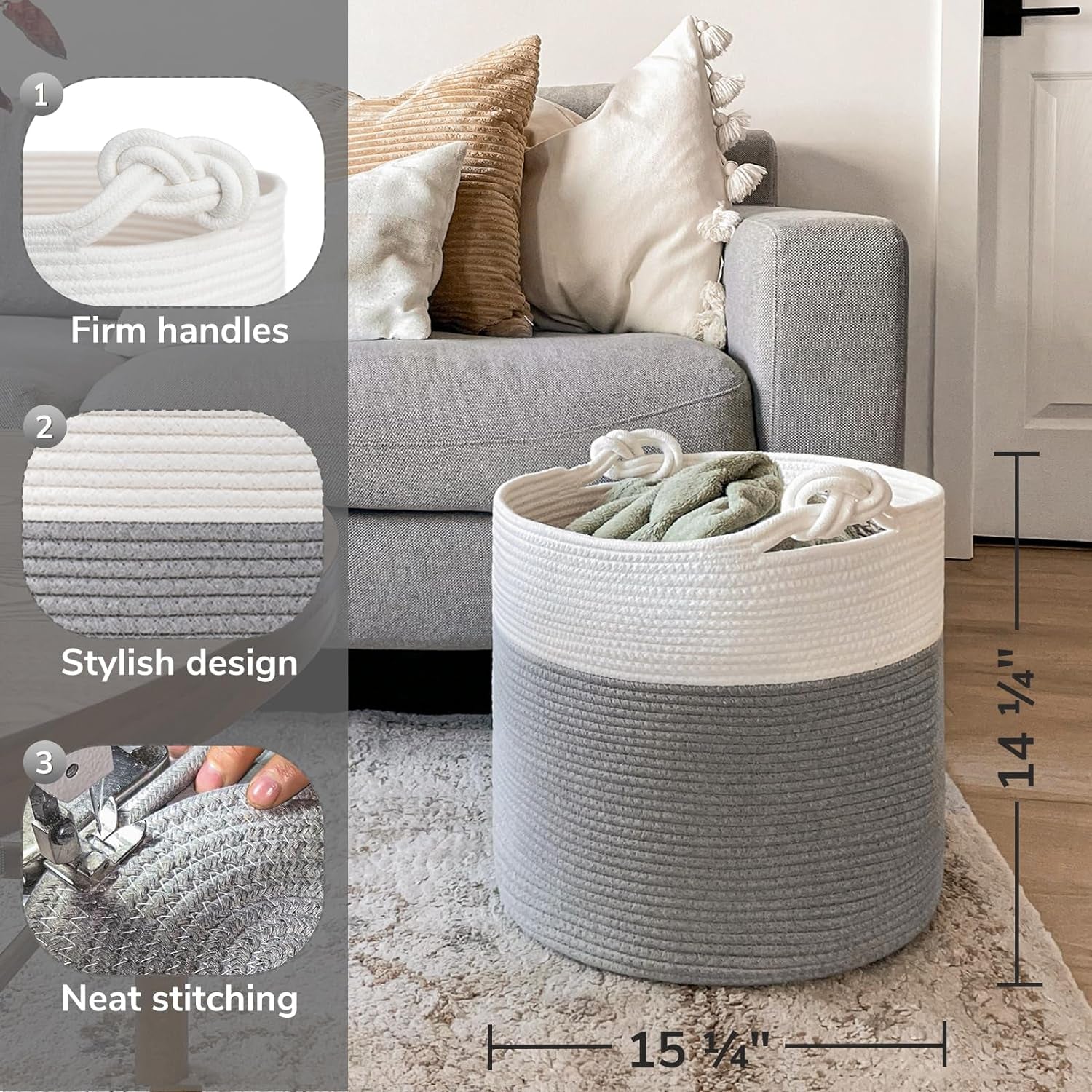 Cotton Rope Storage Basket - 15 x 14.2 Inches - Multi-Purpose Organizer for Baby Laundry and Toys with Handles - Elegant Grey Woven Design for Home Décor and Living Room Organization
