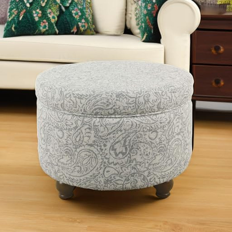 Upholstered Round Storage Ottoman for Living Room and Bedroom in Gray Floral Design