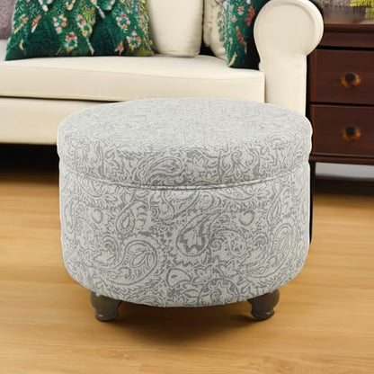 Upholstered Round Storage Ottoman for Living Room and Bedroom in Gray Floral Design