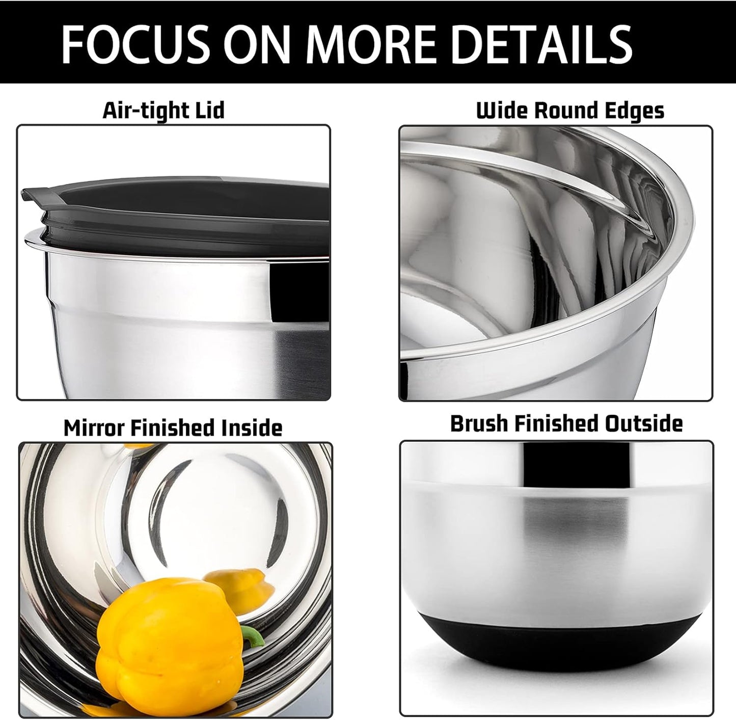 Mixing Bowls with Lids, Set of 6, Stainless Steel Nesting Mixing Bowls & Fitting Lids & Non-Slip Silicone Bottom, Ideal for Mixing, Storing, Size 0.7/1/1.5/2.5/3/4.6 Qt, Black