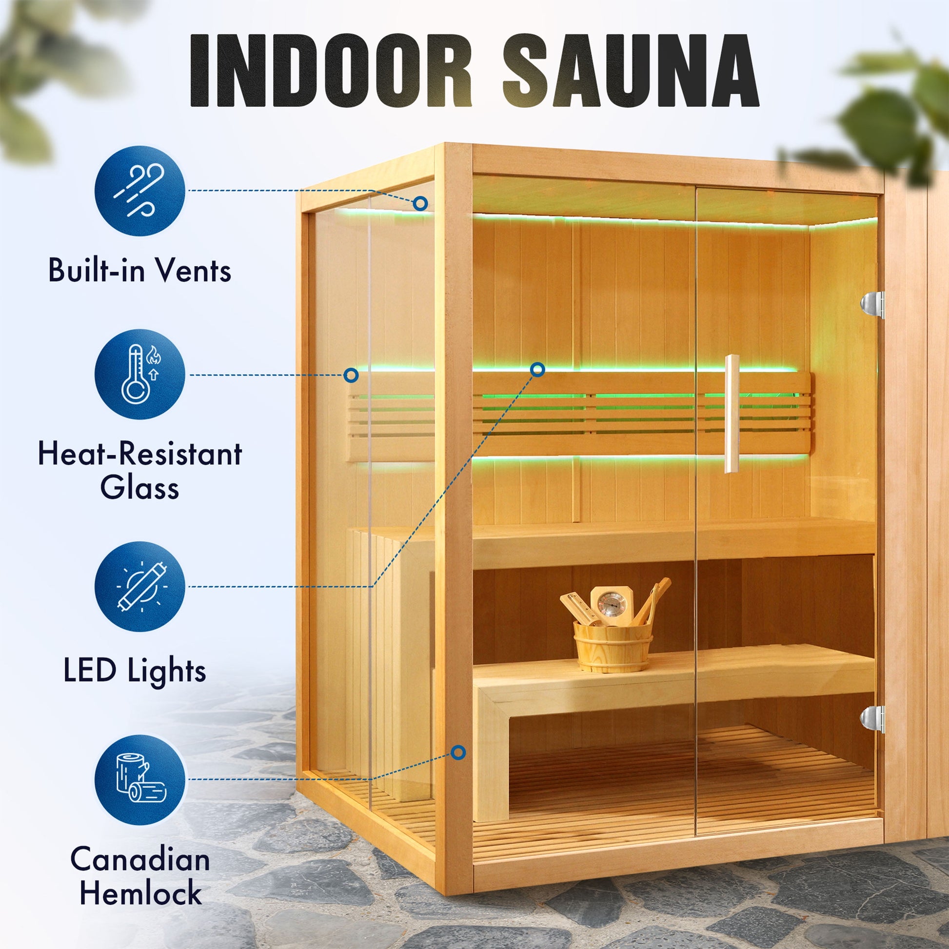Canadian Hemlock Indoor Wet-Dry Sauna for 4-6 Persons with 4.5 kW UL Certified Heater