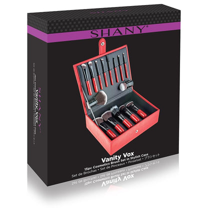 Makeup Brushes Vanity Vox- 15 Pc Premium Cosmetics Brush Set with Stylish Makeup Brush Storage Box and Brush Stand