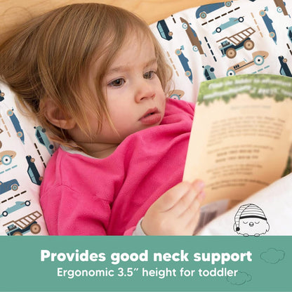 Toddler Travel Pillow with Organic Cotton Pillowcase - 13x18 My Little Dreamy Design, Soft & Breathable, Machine Washable, Ideal for Ages 2-5 (Vroom)