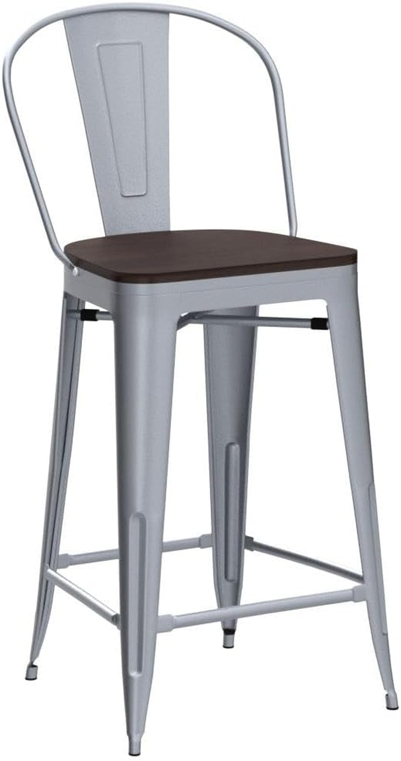 Set of 4 Industrial Metal Bar Stools, 26-Inch Counter Height with Backs, Farmhouse Style, Silver Finish