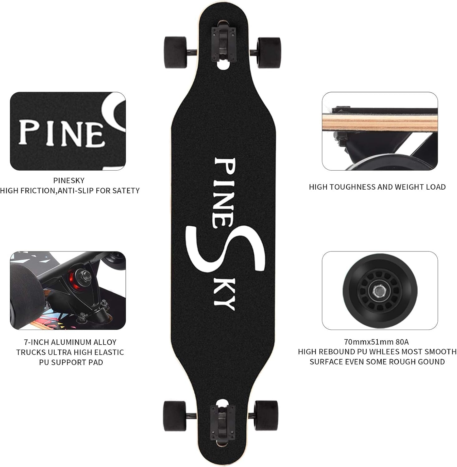 41-Inch Complete Longboard Skateboard - 8-Ply Natural Maple Cruiser for Cruising, Carving, Freestyle, and Downhill Riding with T-Tool
