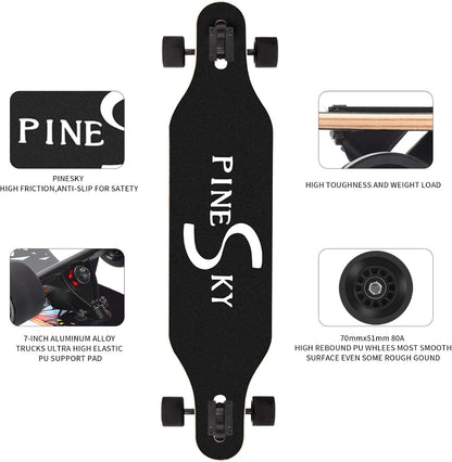 41-Inch Complete Longboard Skateboard - 8-Ply Natural Maple Cruiser for Cruising, Carving, Freestyle, and Downhill Riding with T-Tool