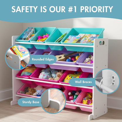 Large Toy Storage Organizer with 16 Removable Bins in White, Blue, Pink, and Purple - Ideal for Toddlers' Rooms, Playrooms, and Nurseries - Modern Design for Effective Toy Organization