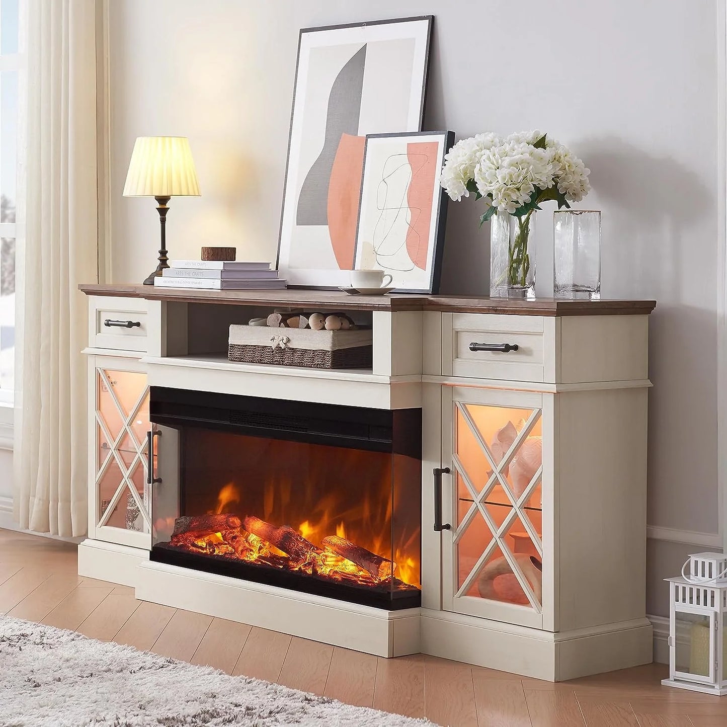 Farmhouse 3-Sided TV Stand with Electric Fireplace for 80" TVs, 70" Entertainment Center with Storage Drawers in Antique White