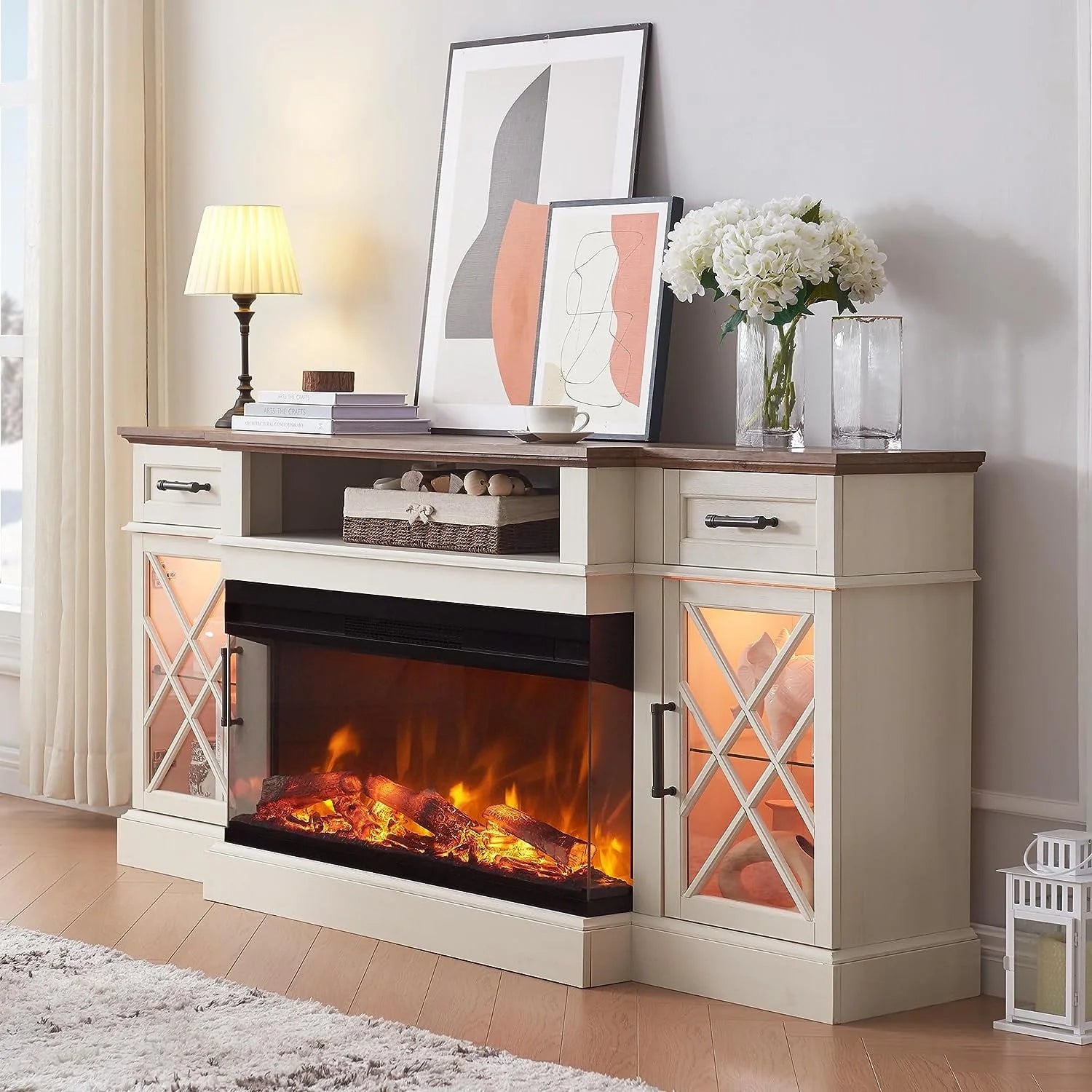 Farmhouse 3-Sided TV Stand with Electric Fireplace for 80" TVs, 70" Entertainment Center with Storage Drawers in Antique White