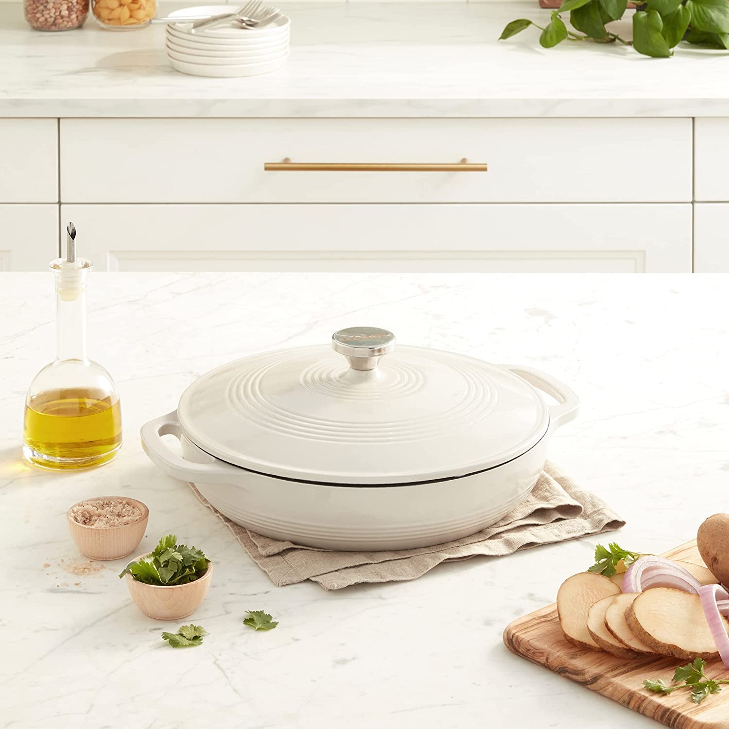 3.6 Quart Enameled Cast Iron round Casserole with Lid– Dual Handles – Oven Safe up to 500° F or on Stovetop - Use to Marinate, Cook, Bake, Refrigerate and Serve – Oyster White