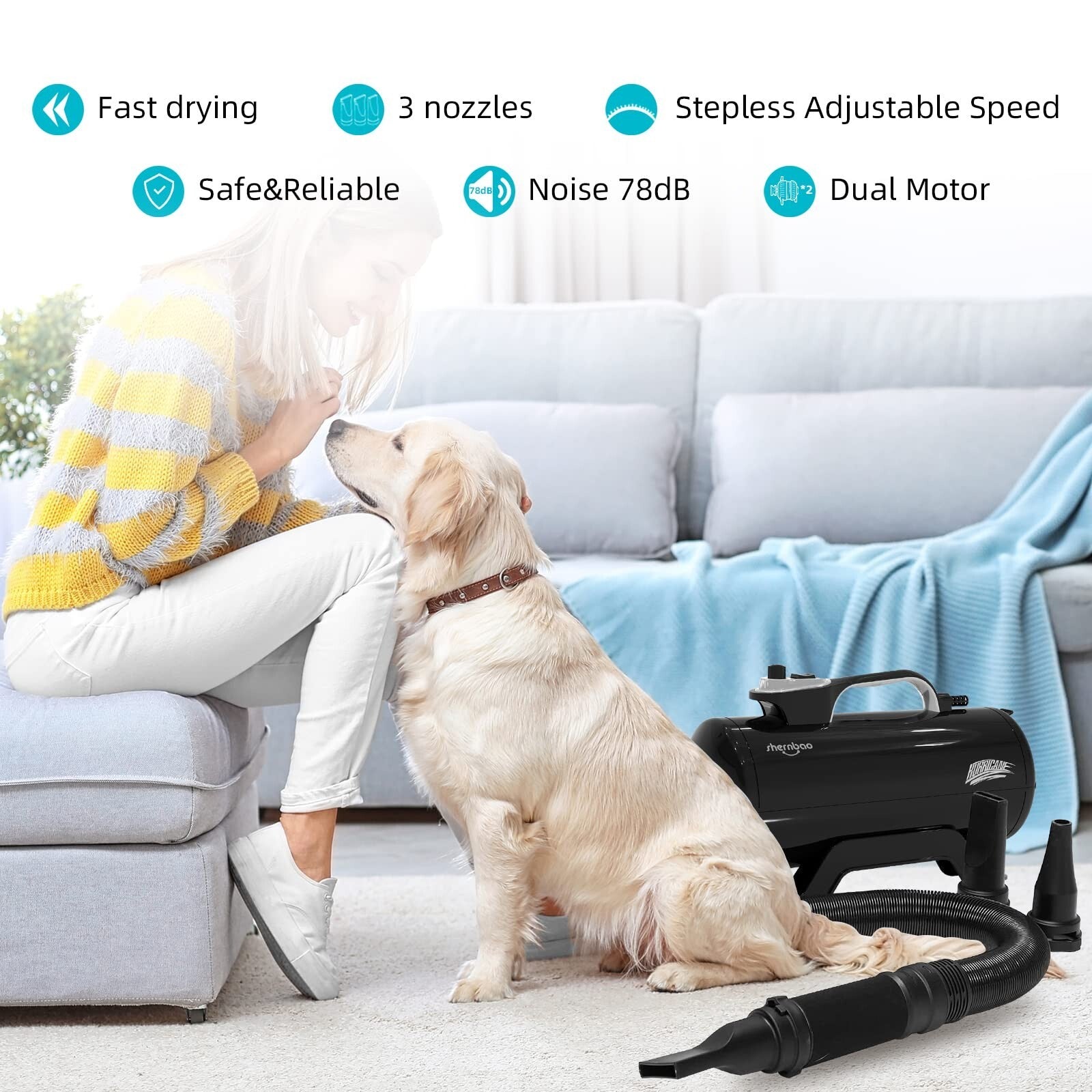 Shernbao Professional High Velocity Dog Dryer for Grooming and Hair Drying