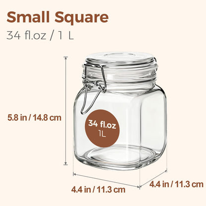 Airtight Glass Canister Set of 3 with Lids 34Oz Food Storage Jar Square - Storage Container with Clear Preserving Seal Wire Clip Fastening for Kitchen Canning Cereal,Pasta,Sugar,Beans,Spice