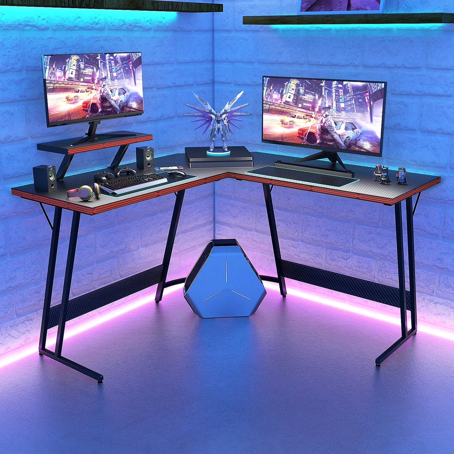 51.2" L-Shaped Gaming Desk with Carbon Fiber Surface, Black