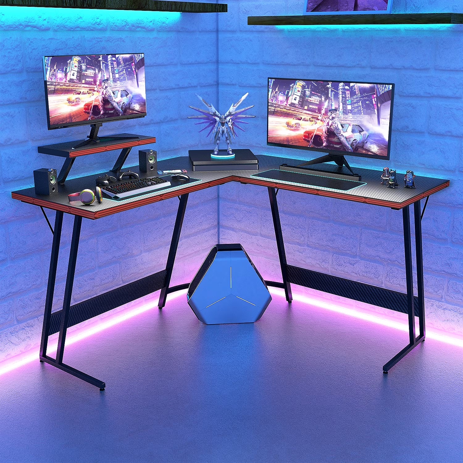 51.2" L-Shaped Gaming Desk with Carbon Fiber Surface, Black