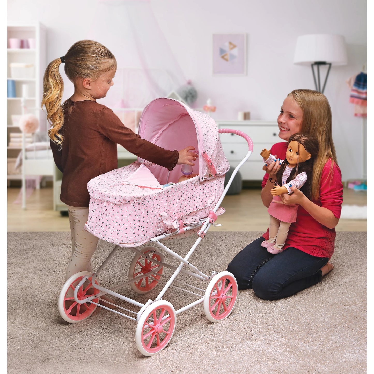 3-in-1 Pink Rosebud Doll Pram, Carrier, and Stroller Set