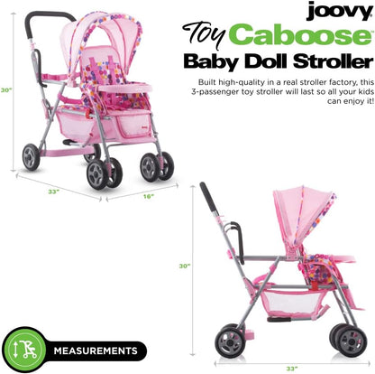 Deluxe Baby Doll Stroller Caboose with Reclining Front Seat, Adjustable Footrest, Storage Basket, Extendable Canopy, and Snack Tray - Accommodates Up to 3 Dolls (Pink Dot)