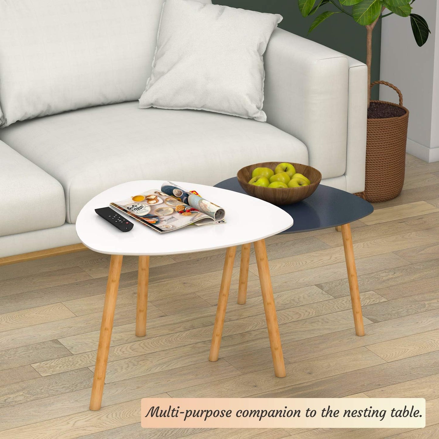 Bamboo Nesting Coffee Tables - Set of 2 Modern Triangle End Tables for Living Room, Bedroom, and Small Spaces (White & Gray)