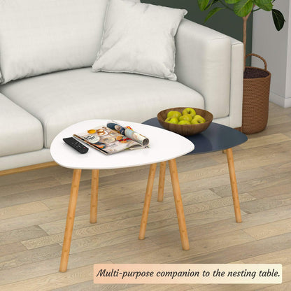 Bamboo Nesting Coffee Tables - Set of 2 Modern Triangle End Tables for Living Room, Bedroom, and Small Spaces (White & Gray)