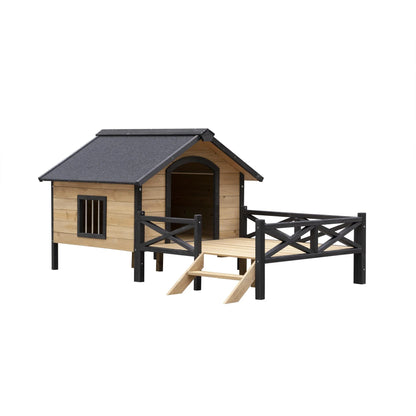 66" Outdoor Dog House, Large Wooden Dog Kennel with Porch, Cabin House Style Pet Houses for Cats, Brown