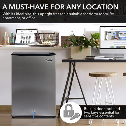 Upright Freezer with Lock, 3 Cu. Ft. Small Freezer Mini Freezer for Bedrooms, Dorms, Garages, Offices CUF-301SS, Stainless Steel, Energy Star