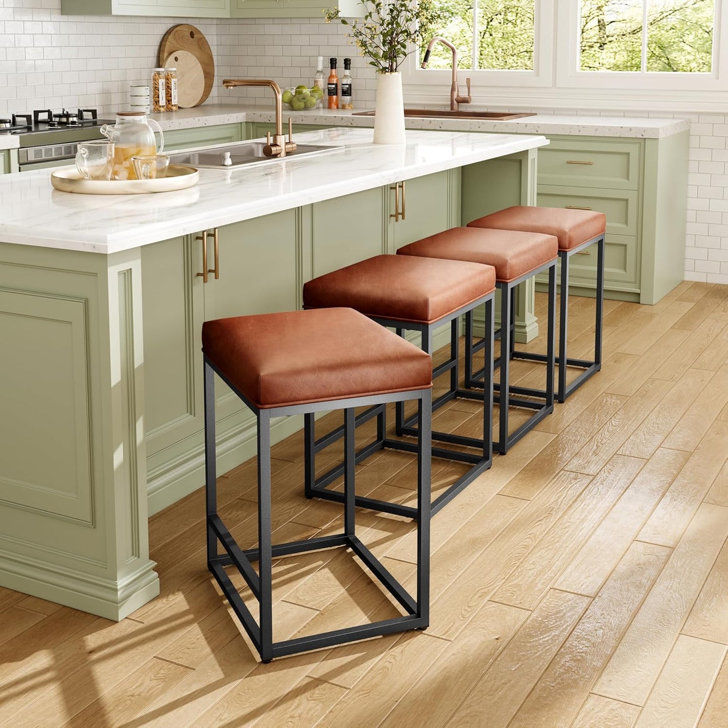 Set of 2 Modern 24" Backless Bar Stools for Kitchen Counter - Industrial Upholstered Faux Leather in Brown, Ideal for Farmhouse Islands