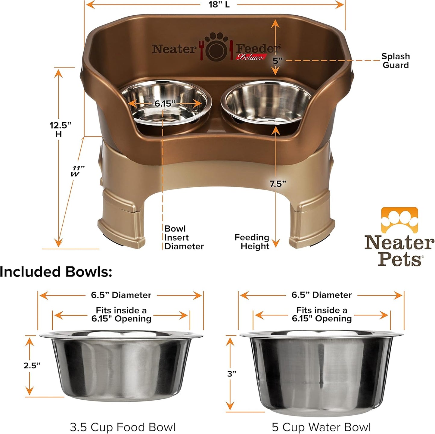 Neater Feeder Deluxe Mess Proof Dog Bowls Elevated Medium Sized Dogs (19-40 Lbs) Made in USA, No Spill Raised Dog Food Bowl Stand W/Leg Extension, Stainless Steel Food and Water Bowl Set, Bronze