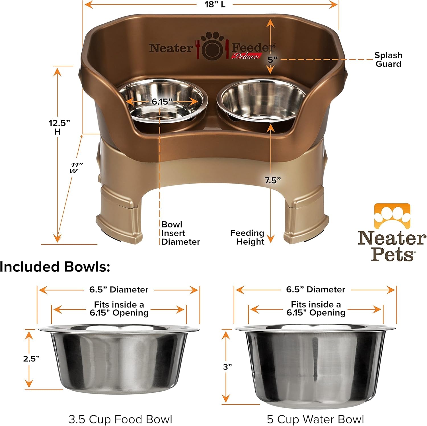 Neater Feeder Deluxe Mess Proof Dog Bowls Elevated Medium Sized Dogs (19-40 Lbs) Made in USA, No Spill Raised Dog Food Bowl Stand W/Leg Extension, Stainless Steel Food and Water Bowl Set, Bronze