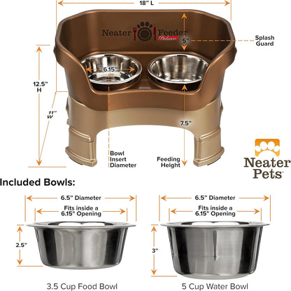 Neater Feeder Deluxe Mess Proof Dog Bowls Elevated Medium Sized Dogs (19-40 Lbs) Made in USA, No Spill Raised Dog Food Bowl Stand W/Leg Extension, Stainless Steel Food and Water Bowl Set, Bronze