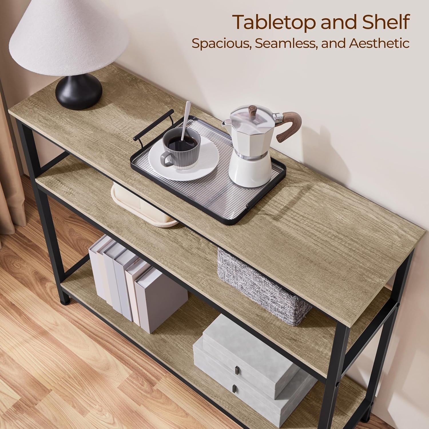 40-Inch Console Table with Storage Shelves and Metal Frame, Gray Wood Entryway and Living Room Table