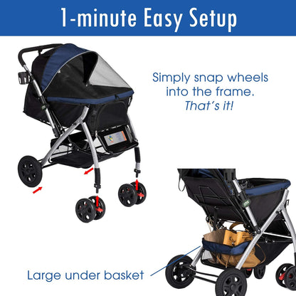 Pet Rover Premium Heavy Duty Dog/Cat/Pet Stroller Travel Carriage with Convertible Compartment/Zipperless Entry/Reversible Handle/Pump-Free Rubber Tires for Small, Medium, Large Pets-Midnight Blue