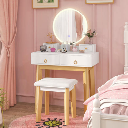 Modern White Vanity Desk with Mirror and Adjustable Lighting, Featuring 4 Drawers and Stool for Small Bedrooms