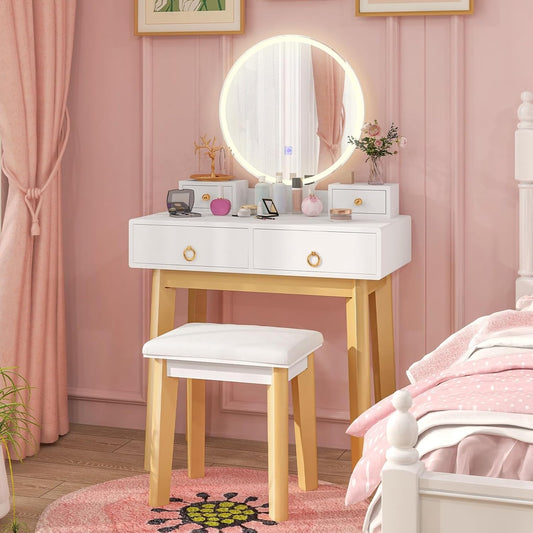 Modern White Vanity Desk with Mirror and Adjustable Lighting, Featuring 4 Drawers and Stool for Small Bedrooms