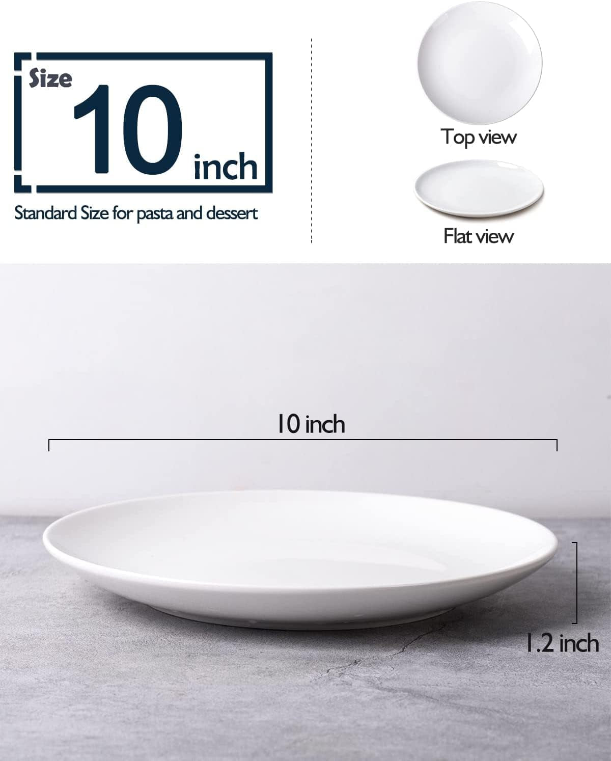 10 Inch White Dinner Plates Set, Porcelain Dessert/Salad Plate, Serving Dishes, Dinnerware Sets, Scratch Resistant, Lead-Free, Microwave, Oven, and Dishwasher Safe - Set of 4
