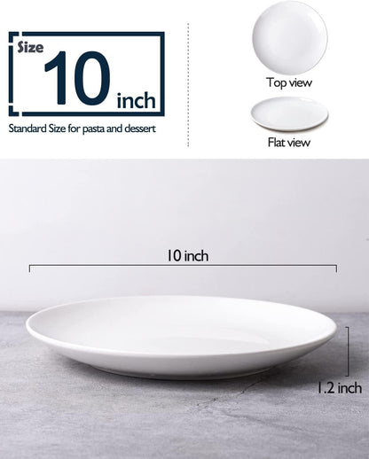 10 Inch White Dinner Plates Set, Porcelain Dessert/Salad Plate, Serving Dishes, Dinnerware Sets, Scratch Resistant, Lead-Free, Microwave, Oven, and Dishwasher Safe - Set of 4