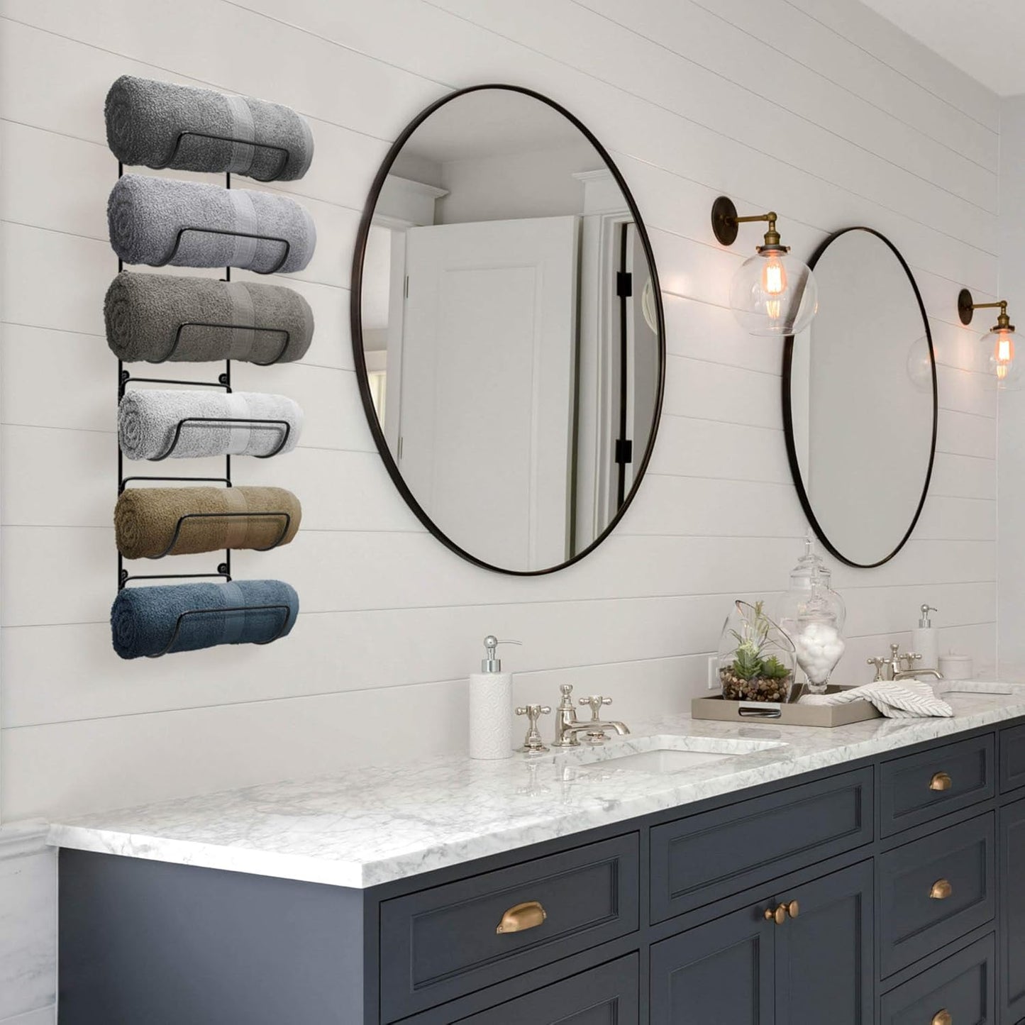 Wall-Mounted Towel Rack - Black Metal Bathroom Organizer with 6 Compartments for Towel Storage, Ideal for Gym, Spa, RV, and Kitchen Use
