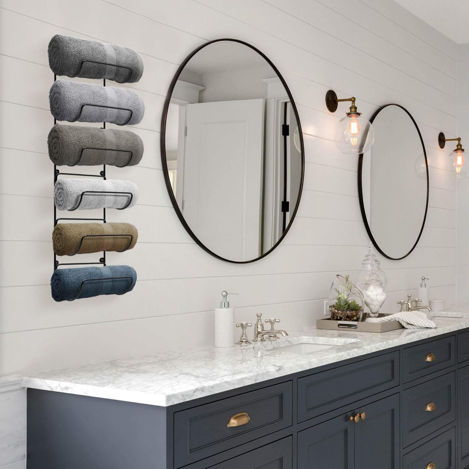 Wall-Mounted Towel Rack - Black Metal Bathroom Organizer with 6 Compartments for Towel Storage, Ideal for Gym, Spa, RV, and Kitchen Use