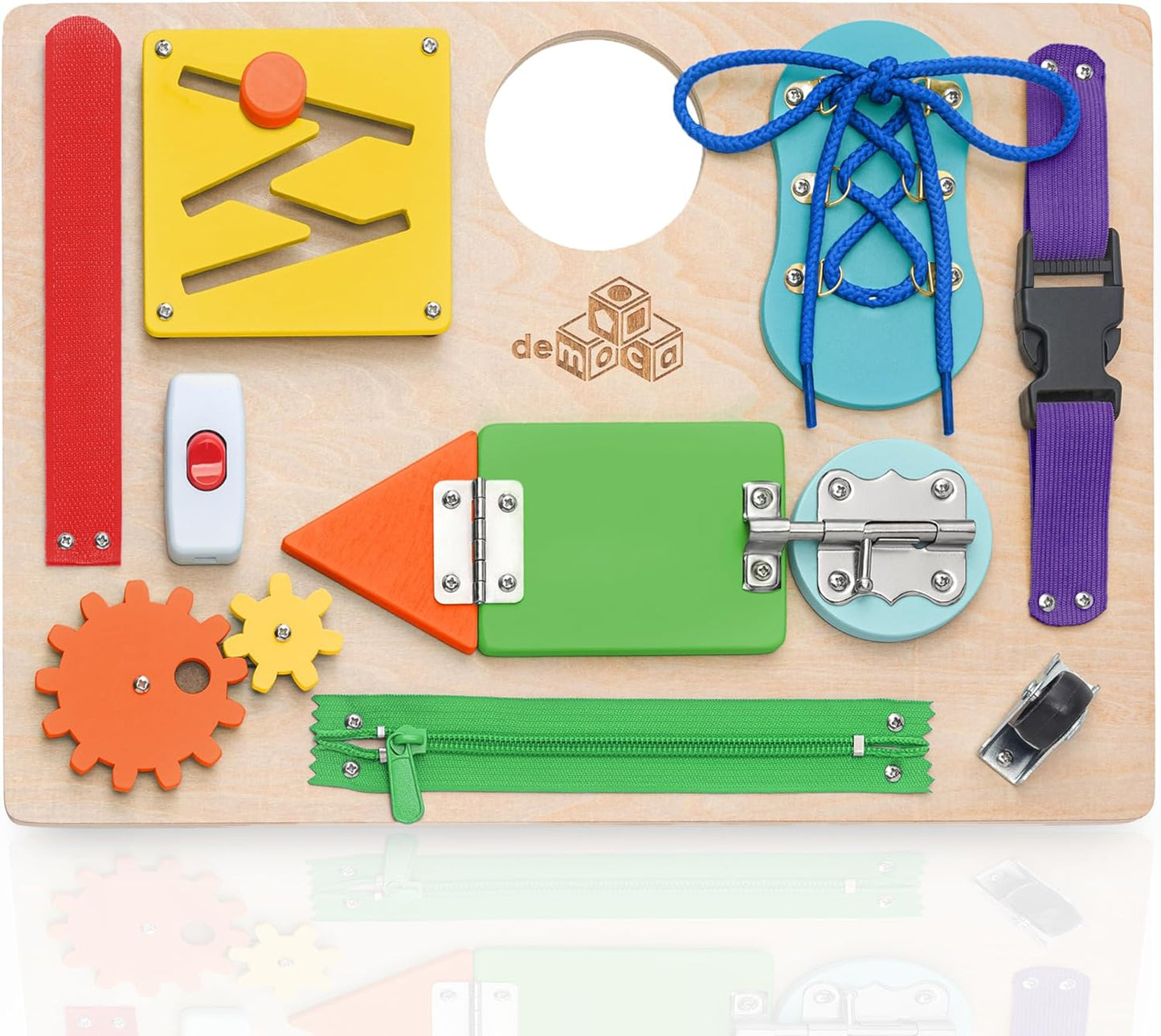 Premium Wooden Sensory Busy Board for Toddlers Aged 1-3, Featuring 10 Educational Activities to Enhance Fine Motor Skills and Ideal for Travel