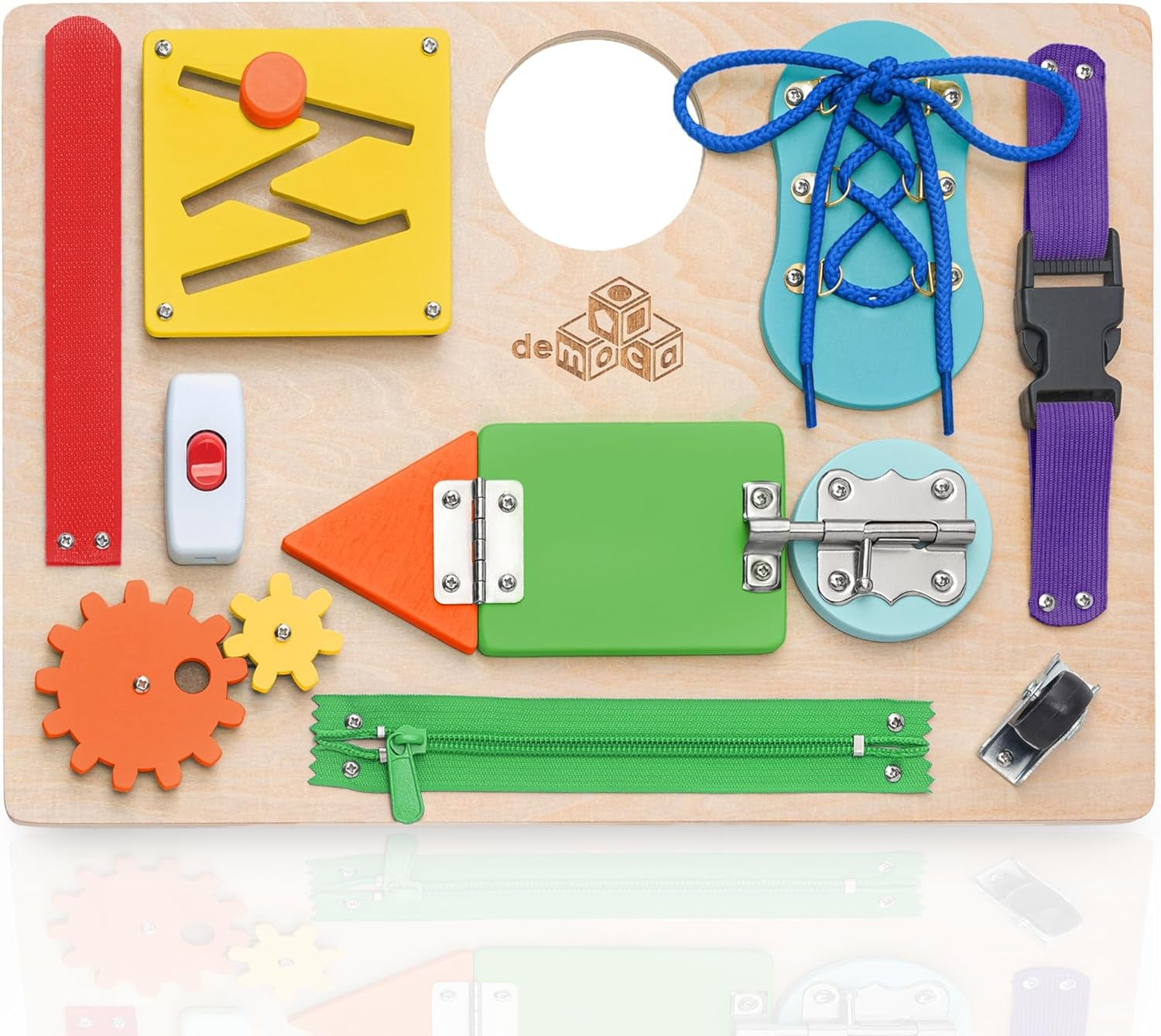 Premium Wooden Sensory Busy Board for Toddlers Aged 1-3, Featuring 10 Educational Activities to Enhance Fine Motor Skills and Ideal for Travel