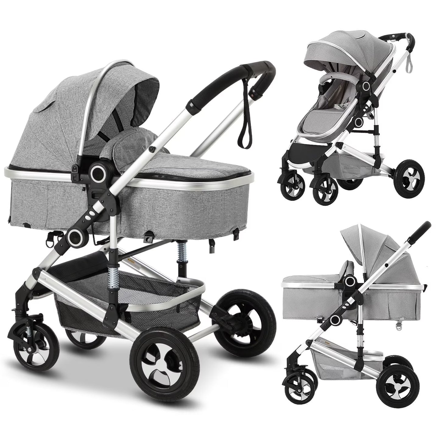 3-in-1 Convertible Baby Stroller with Spacious Seating, Adjustable Canopy, and Lightweight Design in Light Grey