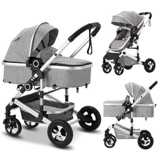 3-in-1 Convertible Baby Stroller with Spacious Seating, Adjustable Canopy, and Lightweight Design in Light Grey