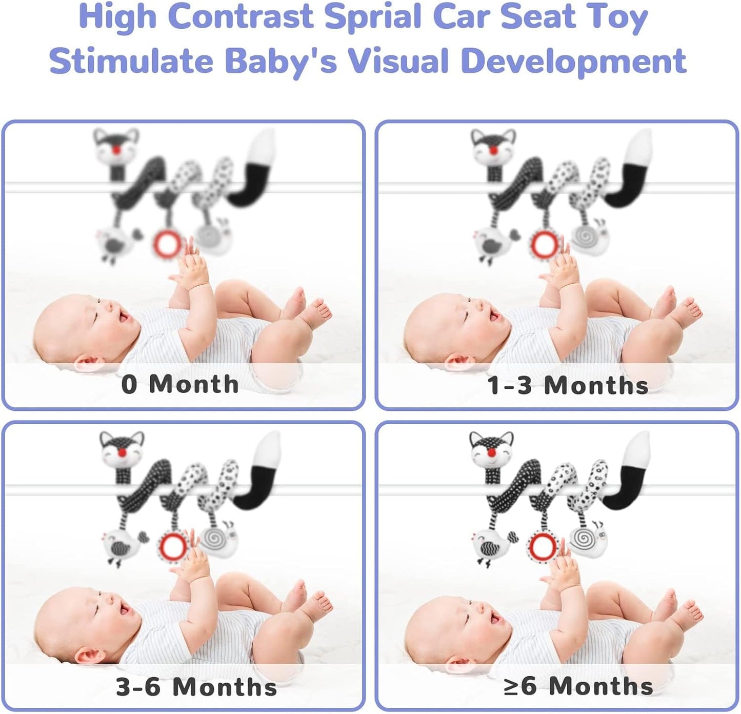 High Contrast Black and White Plush Spiral Toys for Infants, Ideal Sensory Car Seat and Stroller Accessories for Newborns 0-12 Months