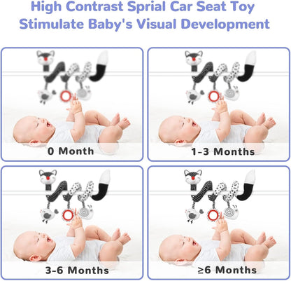 High Contrast Black and White Plush Spiral Toys for Infants, Ideal Sensory Car Seat and Stroller Accessories for Newborns 0-12 Months
