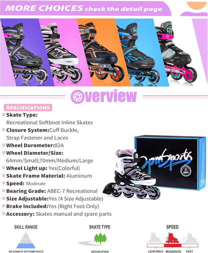 Cytia Adjustable Pink Inline Skates for Girls with Illuminated Wheels - Beginner Roller Skates for Kids