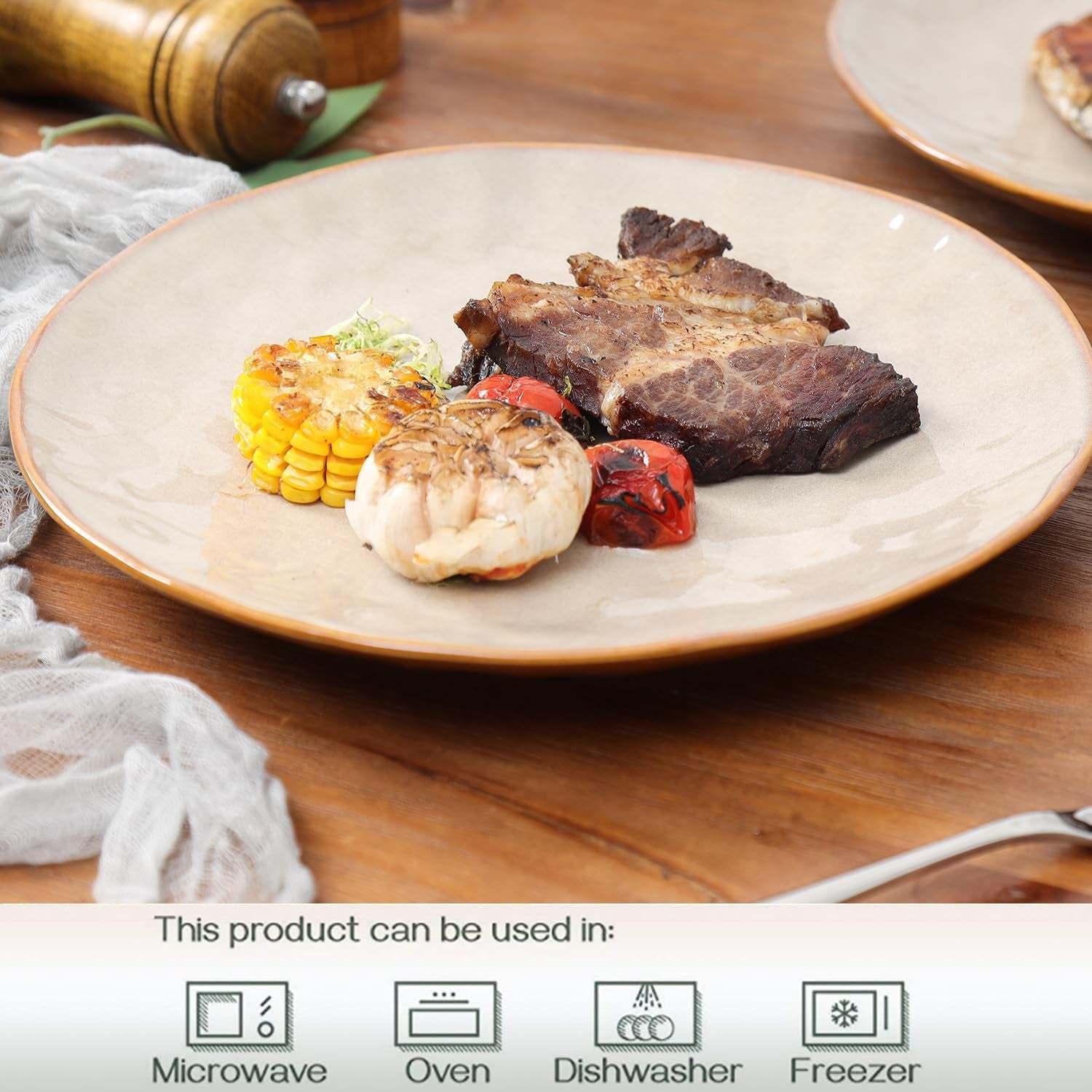 Ceramic Dinner Plates Set, 10.5 Inch, Set of 6, Round, Microwave, Oven, Dishwasher Safe, Porcelain Fluted Suitable for Steak, Pasta, Pizza, Home, Party, Restaurant (Beige)