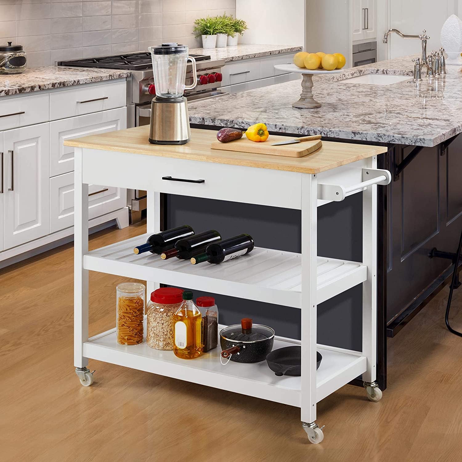 40-Inch Wide Rolling Kitchen Island Cart with Solid Wood Top, Drawer, and 2 Spacious Storage Shelves - Versatile Utility Trolley for Dining Room, White