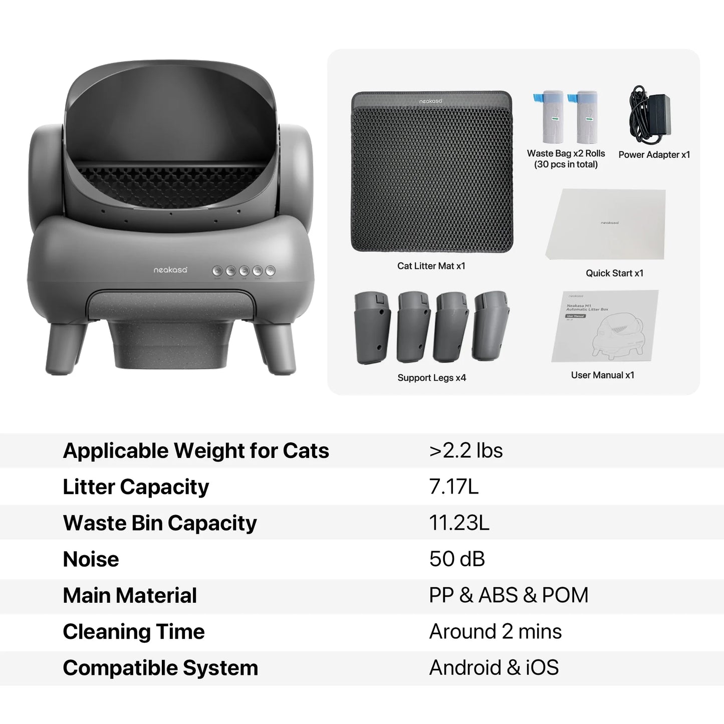 M1 plus Self-Cleaning Automatic Cat Litter Box with Sensor, 7.17L, Odor-Free Waste Disposal, Includes Trash Bags